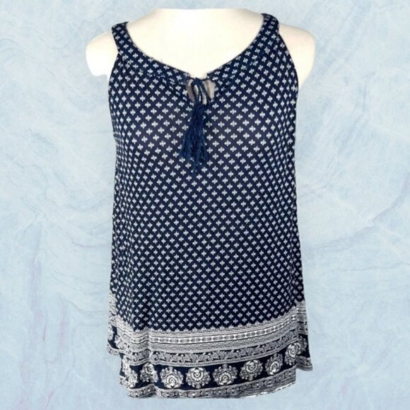 Lily Morgan boho tank top boat neck damask navy blue white tassels Size S - Picture 1 of 13